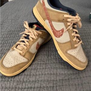 Nike Tan and Cream Sneakers with Red Swoosh